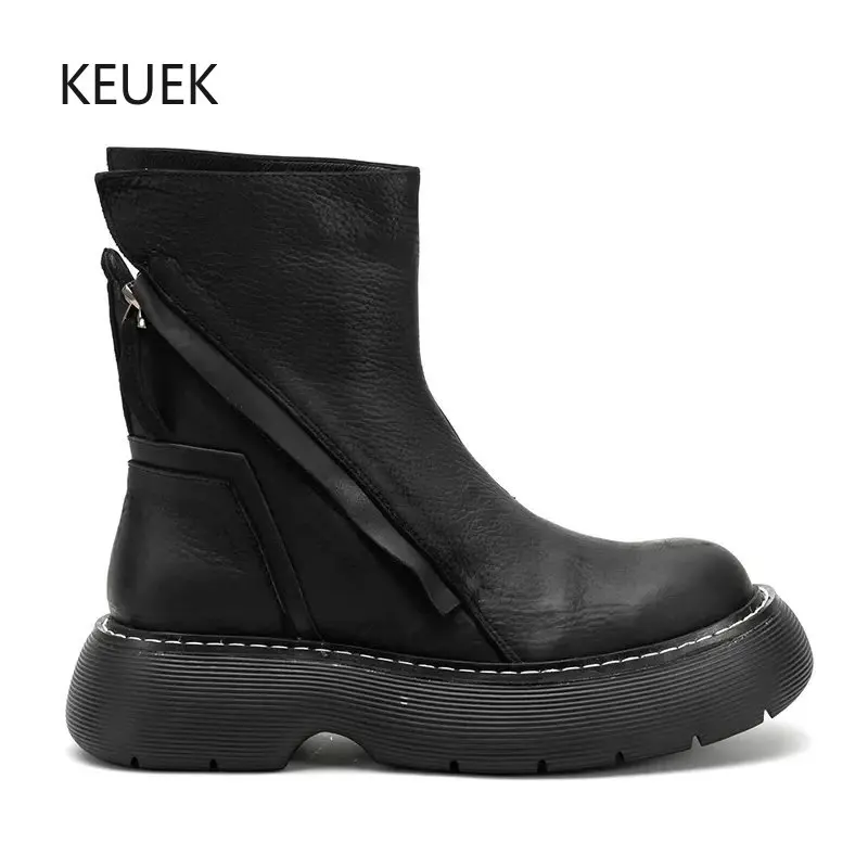 

Luxury Design Chelsea Boots Men Trendy Thick Sole Ankle Motorcycle Boots British Black First Layer Cowhide Cowhide Boots 2C