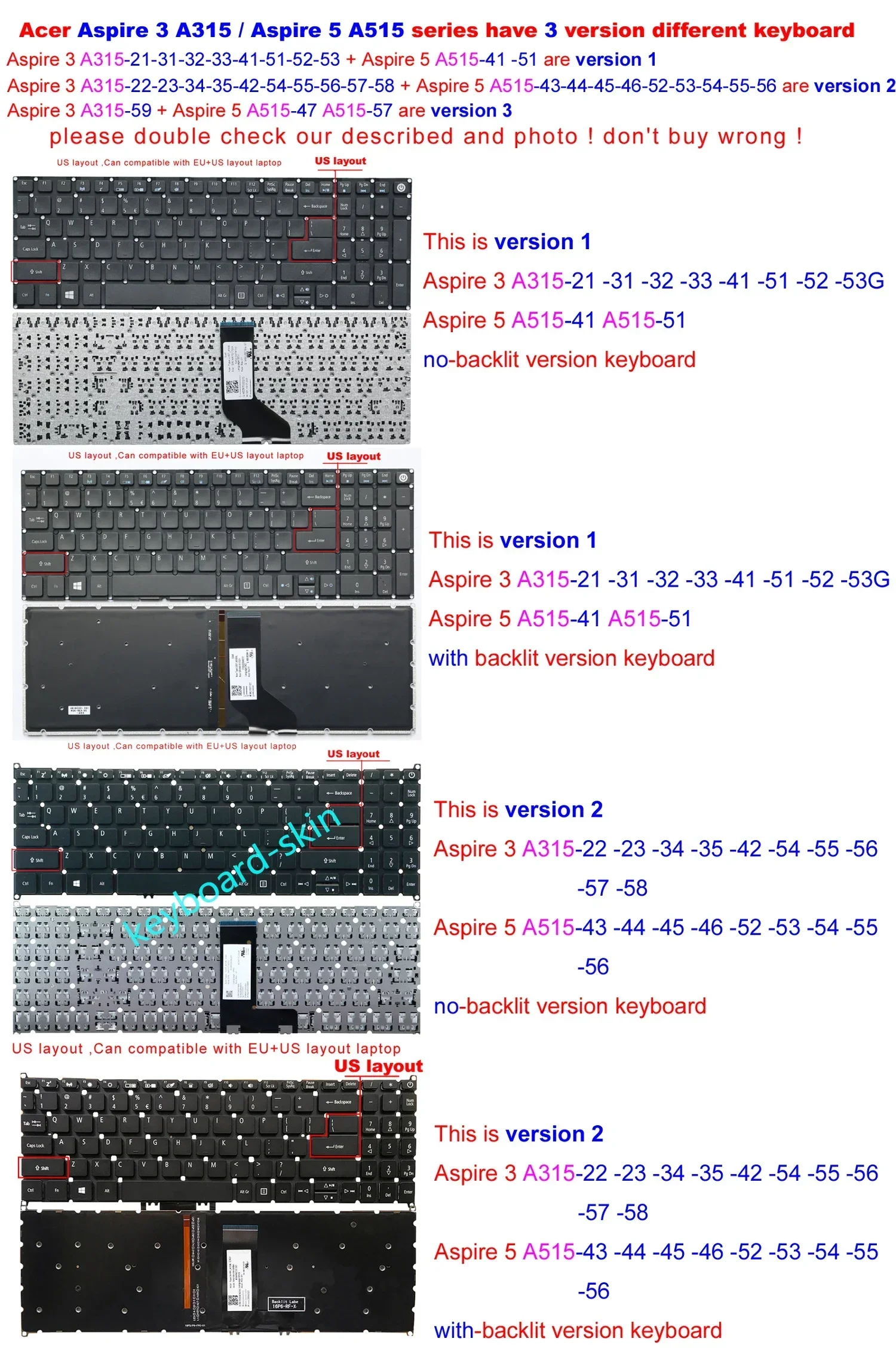Новая американская клавиатура без подсветки рамки для ноутбука Acer Aspire 3 A315-54 A315-54G