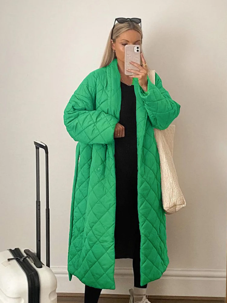 Winter Fashion Oversize Argyle Black Long Parka Coat with Belt 2022 Women's Elegant Warm Thick Casual Down Cotton Outwear Jacket