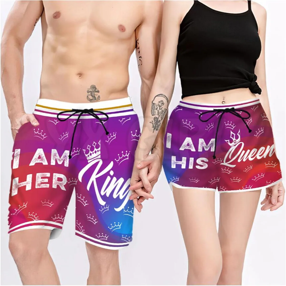 king queen 3D All Over Printed Couple Matching Men's Women's Shorts Quick Drying Beach Shorts Summer Beach Swim Trunks