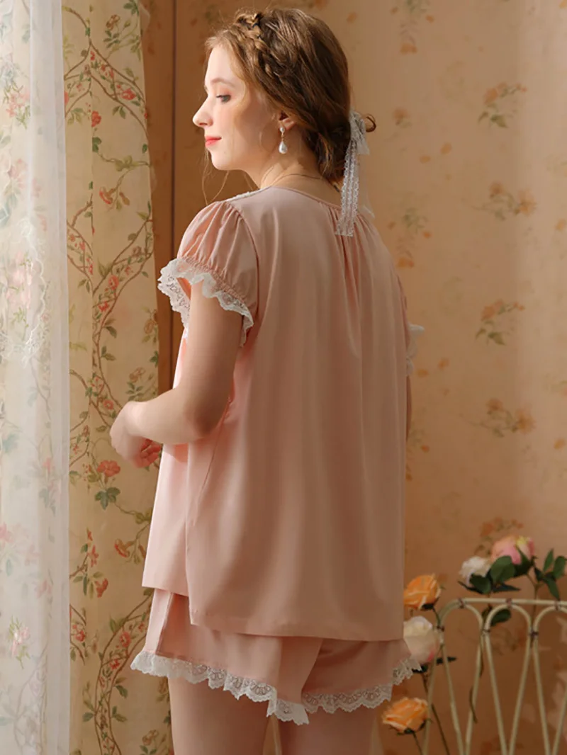 Women Summer V-Neck Short Sleeve Lace Ruffles Tops and Shorts Nightwear Suit Solid Cute Sweet Vintage Pajamas Home Sleepwear