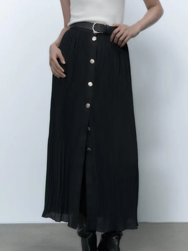 

Kumsvag 2022 Autumn Women Pleated Skirts Fashion Sweet Buttons Belt Solid Female Elegant Street Mid-Calf Skirt Clothing