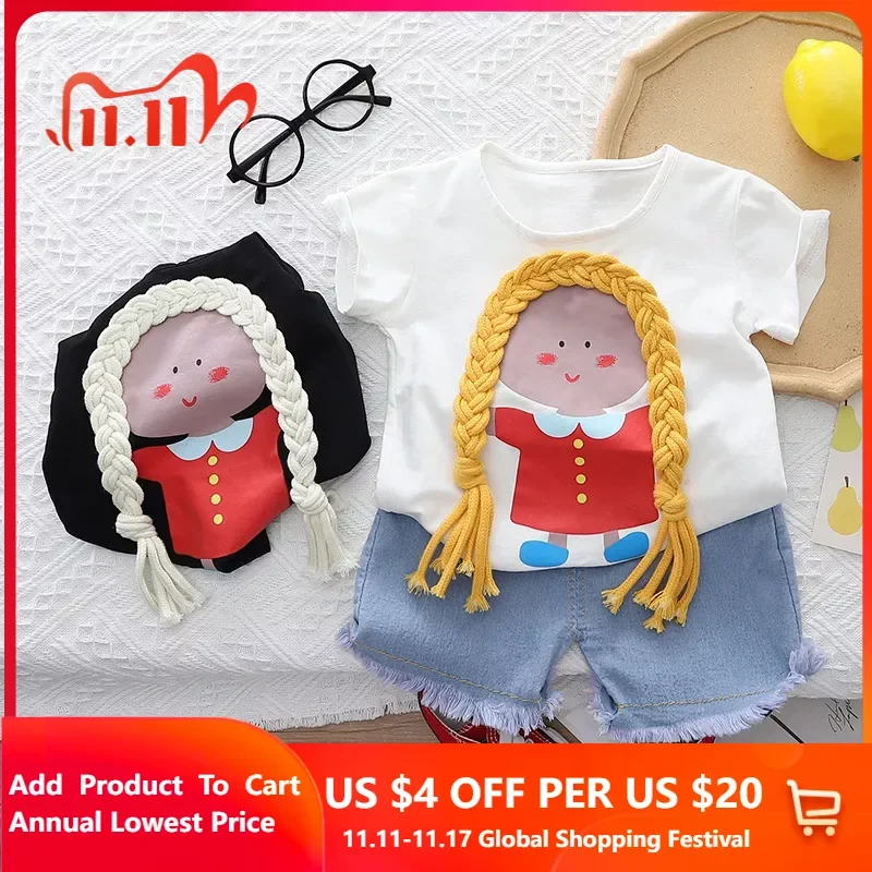 

Baby girls clothing Infant top and bottom set Double ponytail little princess pattern short-sleeved denim shorts 2PCS