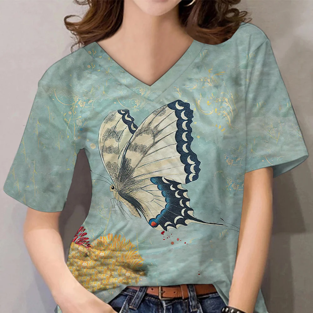 

Женская футболка с 3D-принтом бабочки Y2k, модная футболка для девочек с V-образным вырезом, свободная повседневная футболка в стиле Харадзюку,...