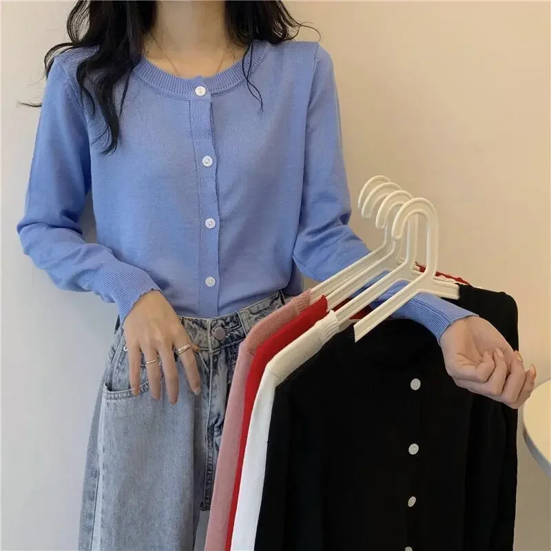 Весна и осень 2020 новый корейский стиль утягивающий вязаный топ с круглым вырезом