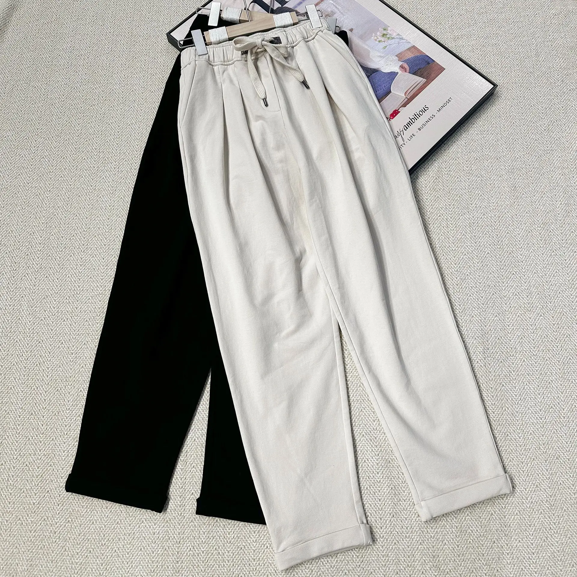Women Beading Chain Casual Trousers Solid Color 2023 Autumn Female Elastic Waist Long Pants