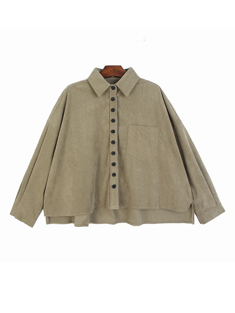 

Women Green Khaki Corduroy Big Size Blouse New Lapel Long Sleeve Loose Fit Shirt Fashion Tide Spring Autumn 2022 C333