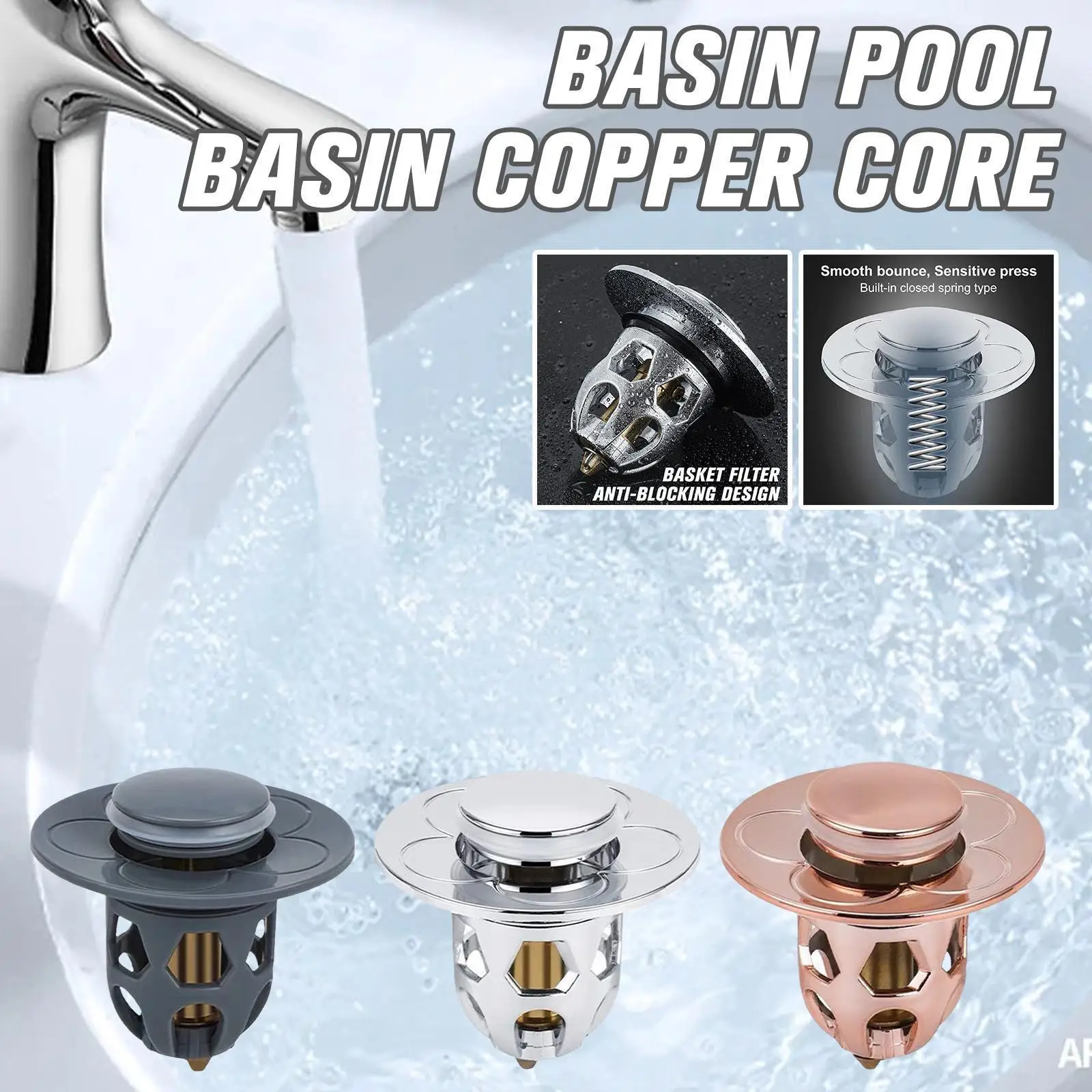 

New Bathroom Steel Push Down Bounce Core Drain Hair Sink Shower Basin Filter Strainer Bathroom Stopper Tool Bath M9D9