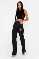 street high quality pure black personality ripped hole frayed trousers slit waist straight jeans ladies new foreign trade hot sa