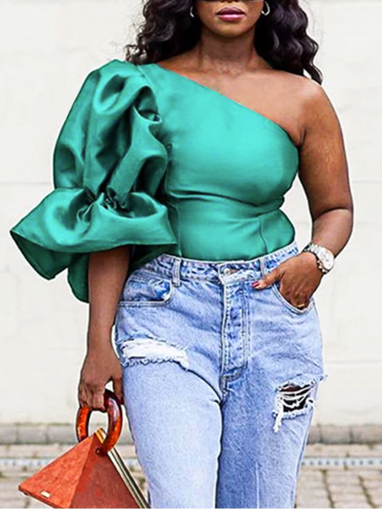 

Женская блузка на одно плечо с пышными рукавами, сексуальные элегантные топы, зеленая рубашка большого размера, 2022, модная вечерняя женская ...