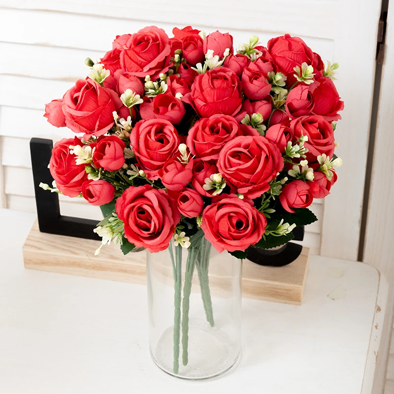 

Искусственные розово-красные шелковые цветы, букет невесты с несколькими бутонами, свадебное комнатное украшение, искусственные цветы, ком...