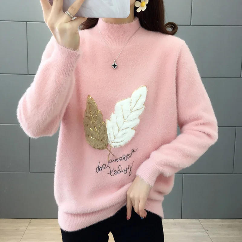 

Autumn Women Fashion Letter Leaf Pattern Faux Mink Cashmere Knit Sweater Half Turtle Neck Knit Pullover Tops Pink White Apricot