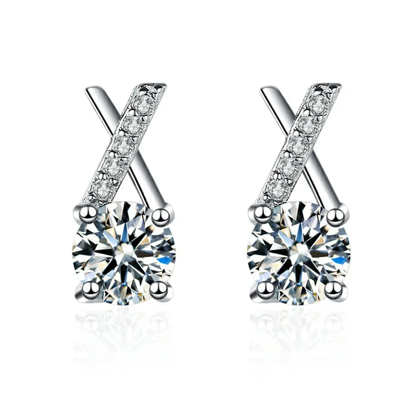 

Jewelry S925 sterling silver stud earrings women's fresh simple cross single side set with Moissanite diamond letter X