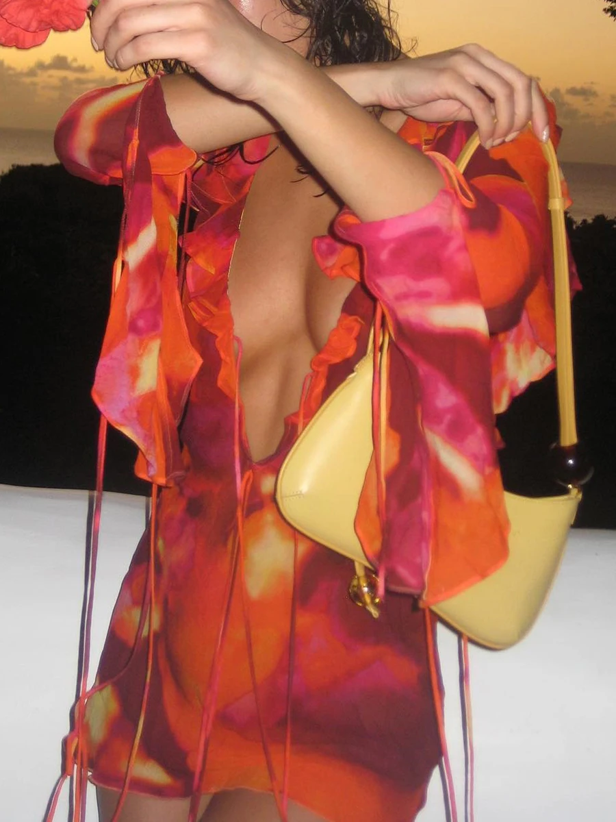 

Женское облегающее платье с открытыми плечами и оборками на рукавах, с принтом тай-дай, с глубоким V-образным вырезом и открытой спиной, для коктейлей