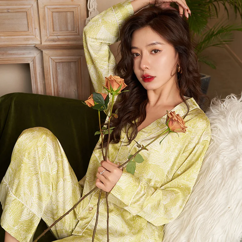 PICKBIRD 2023 spring new simple natural imitation silk pajamas yellow pattern V-neck women's household clothes