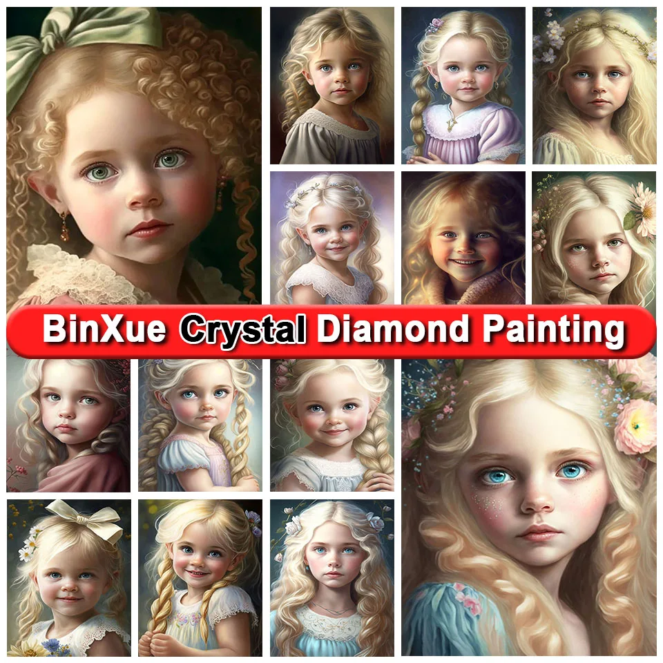 

BinXue 5D DIY Portrait Full 100% Round Crystal Diamond Painting Kit Blonde Girl Flower Diamond Embroidery Handmade Mosaic Art
