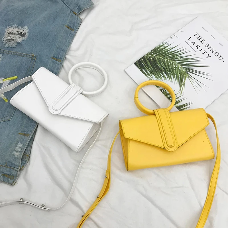 

2022 Spring Summer Trend Candy Solid Color Small Capacity Square Bags Ring Handle Clutch Bags PU Leather Simple Versatile
