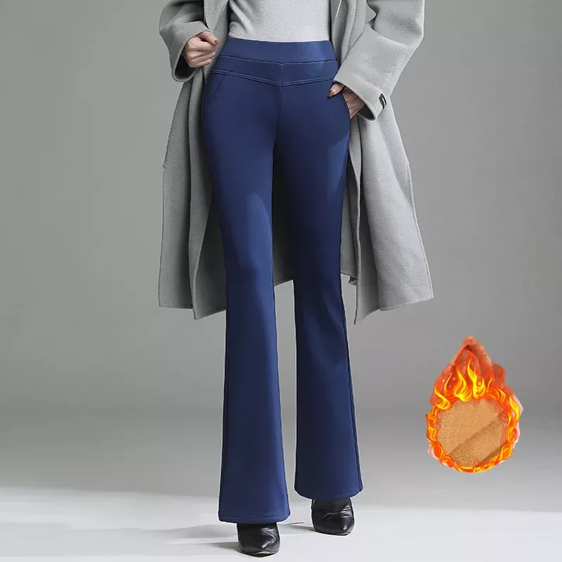 

Warm Women Winter Flare Pants Thicken Fleece Trousers Female Black Blue Red High Waist Stretch Pants Warm Velvet Legging S-4XL