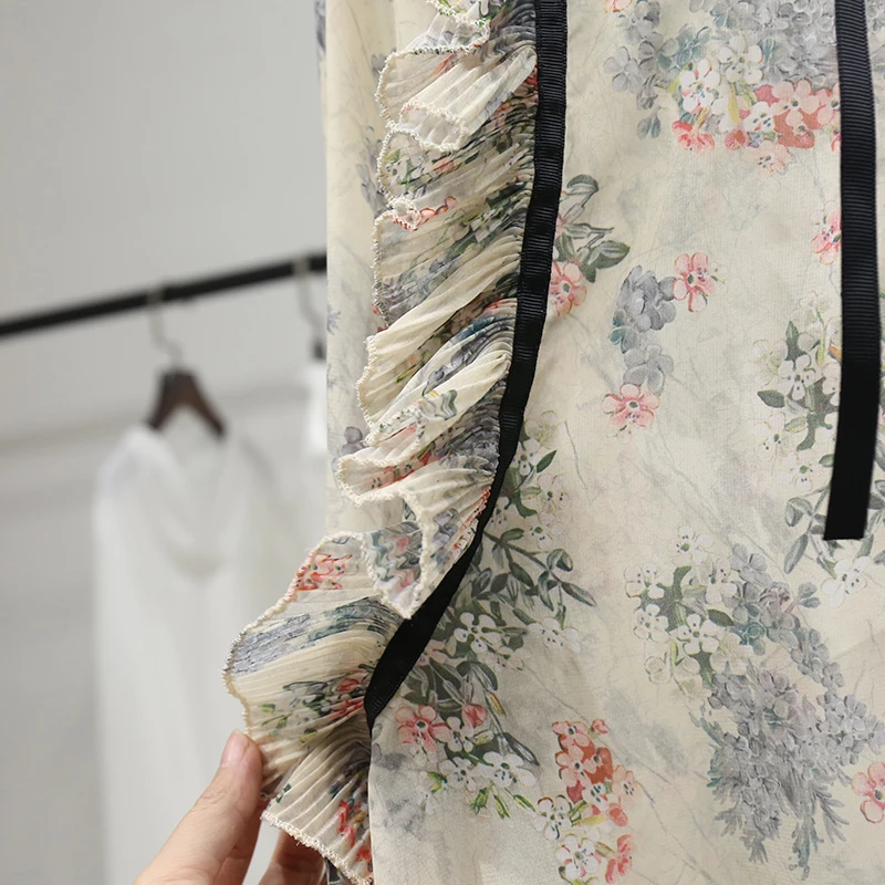 Floral Chiffon Women Shirts  2022 Summer New Bow Neck Lantern Sleeved Office Lady Elegant Outwear Tops enlarge