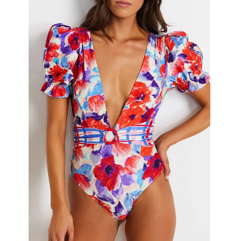 2023 Flower Print Women One-piece Swimsuit Retro Deep-V Gorgeous Red And Swimwear Summer Beach Wear Strappy Swimming Bath Suit