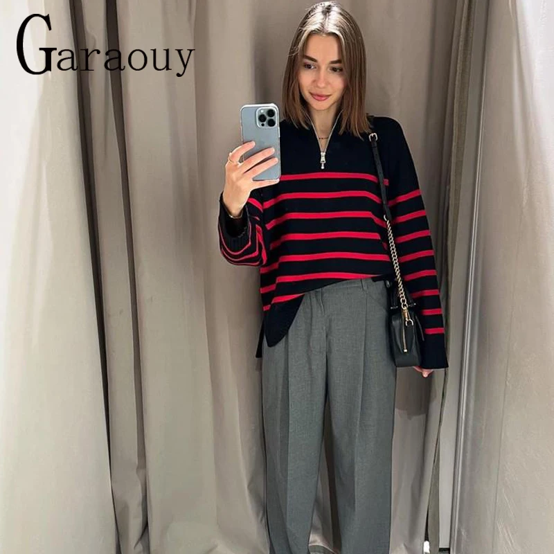 

Garaouy2022 Women Vintage Turtleneck Knitting Striped Sweater Zippers Female Long Sleeve Casual Chic Pullovers Tops Jumnper Pull