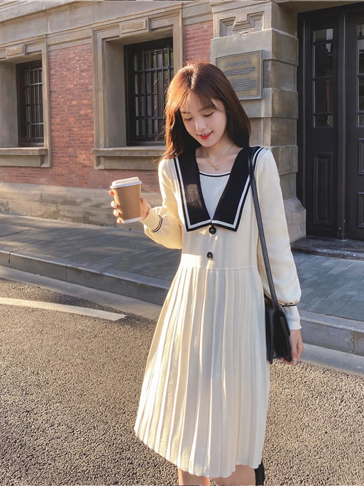 

Women Bow Patchwork Loose A-Line Knitted Dress Fashion Knee-Length Cute Empire Preppy Style Ins Sailor Collar Japanese All-Match