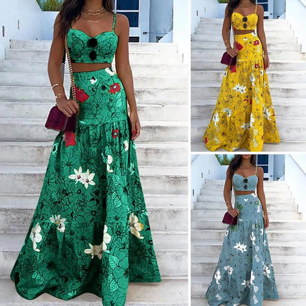 

Floral Print Summer Dresses For Women 2022 Two Piece Skirt Set Spaghetti Strap Crop Top Maxi Long Skirt Party conjuntos de falda