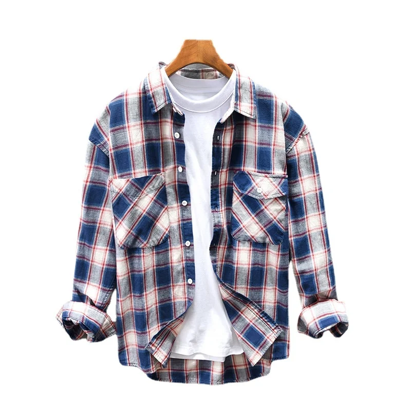 

2022 Autumn Winter New Men's Plaid Loose Shirt Multi-pocket Casual Cotton Drop-Shoulder Top AZ207