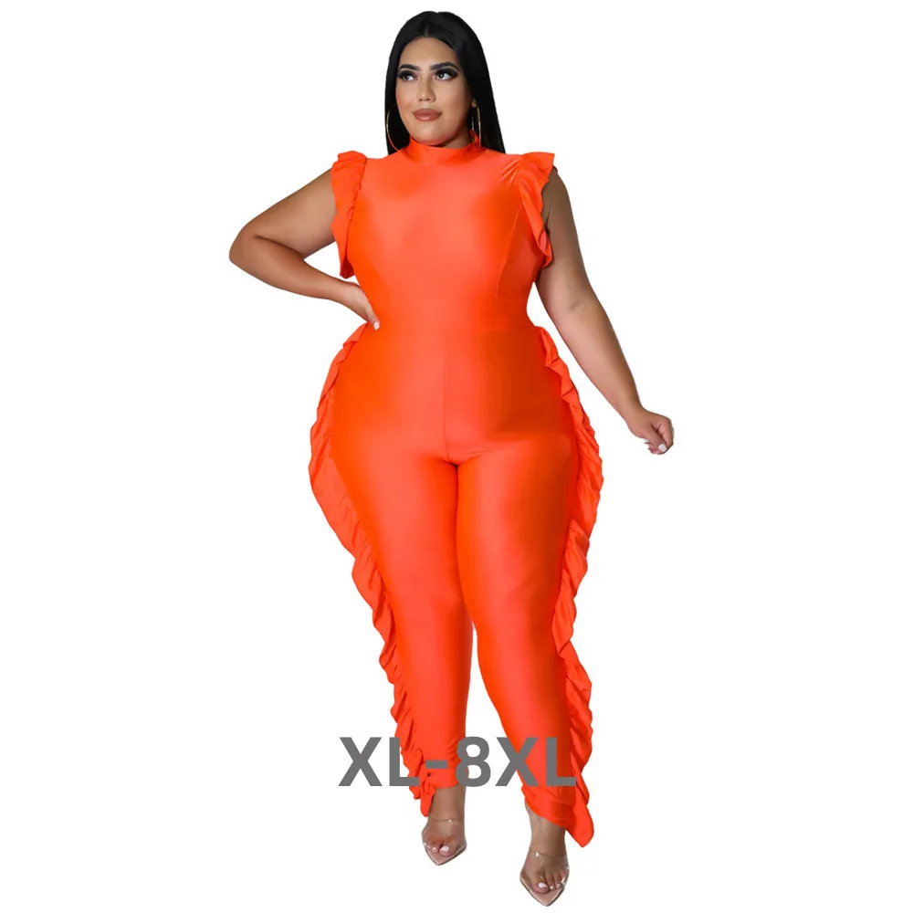 

Plus Size Jumpsuit Sexy Sleeveless Solid Color Fungus Edge One Piece Slim Fit Pants Female Clothing Spring 3xl 4xl 5xl 6xl