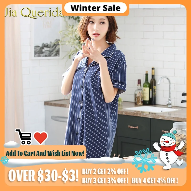 

Cotton Night Dress Women's Summer New 100% Cotton Night Wear Lapel Stripe Sleepwear Plus Size Nightdress Summer Short Night Gown