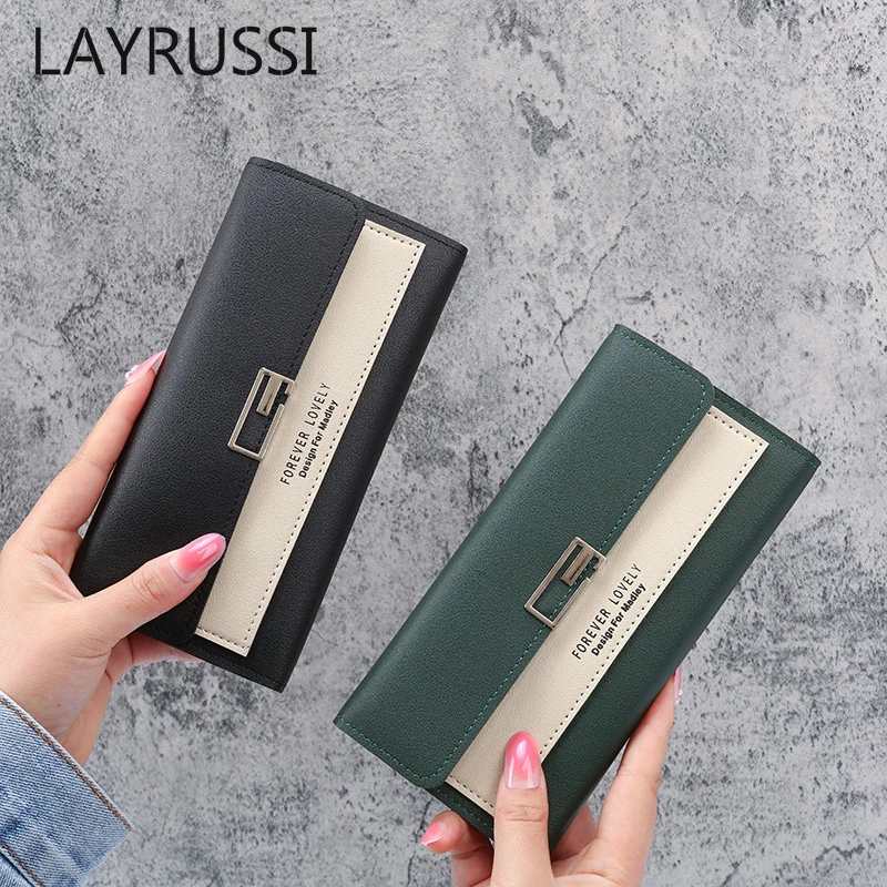 

LAYRUSSI New Women's Wallet Leather Long Wallet Female Card Holder Buckle Clutch Wallet Women Money Purses And Handbags 2022