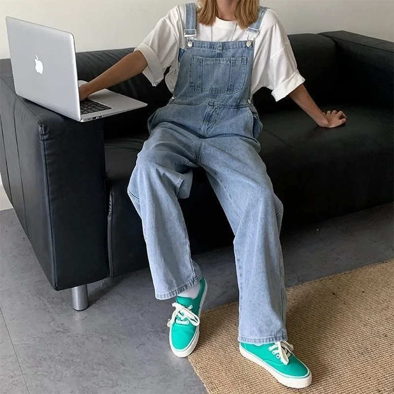 Jumpsuits Women Wide-leg Denim Trousers All-match Solid Blue Suspenders Students Empire Korean Fashion Streetwear Chic Bottoms