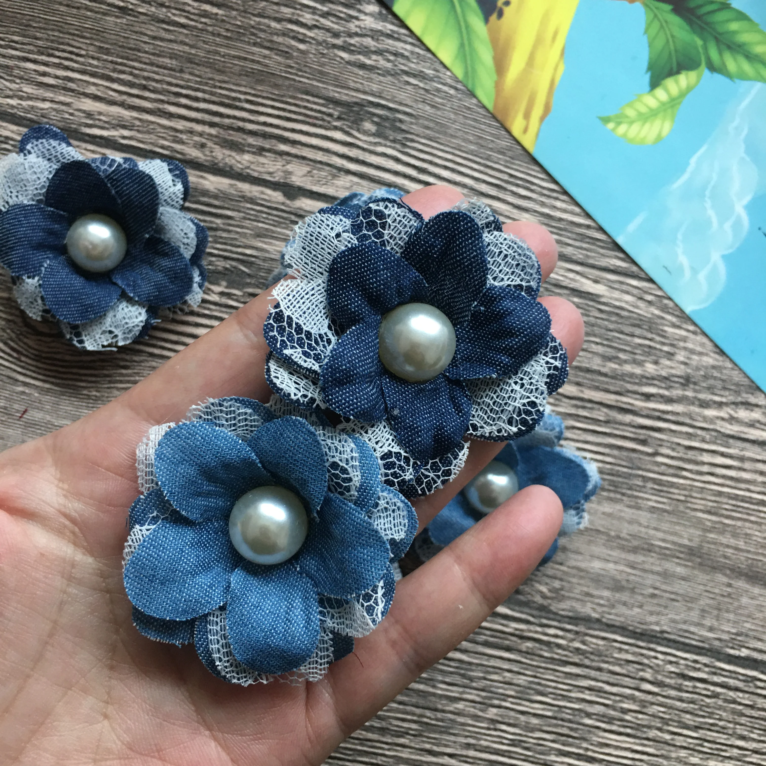 Демин Цветок для ребенка DIY аксессуары 2 0 дюймов Ткань Искусство цветы ручной