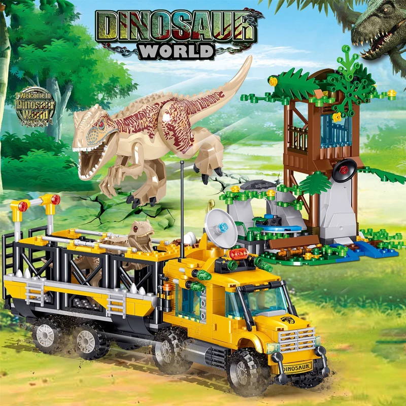 Bloques de construcción de parque mundial de dinosaurios jurásicos para niños, tiranosauro camión de transporte, juego de ladrillos, juguetes de construcción para niños, regalo