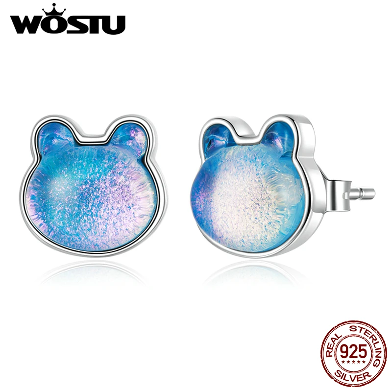 WOSTU-pendientes de plata de ley 925 con diseño de oso para niña, aretes pequeños con diseño de Mini oso, cristal de Murano multicolor, s925