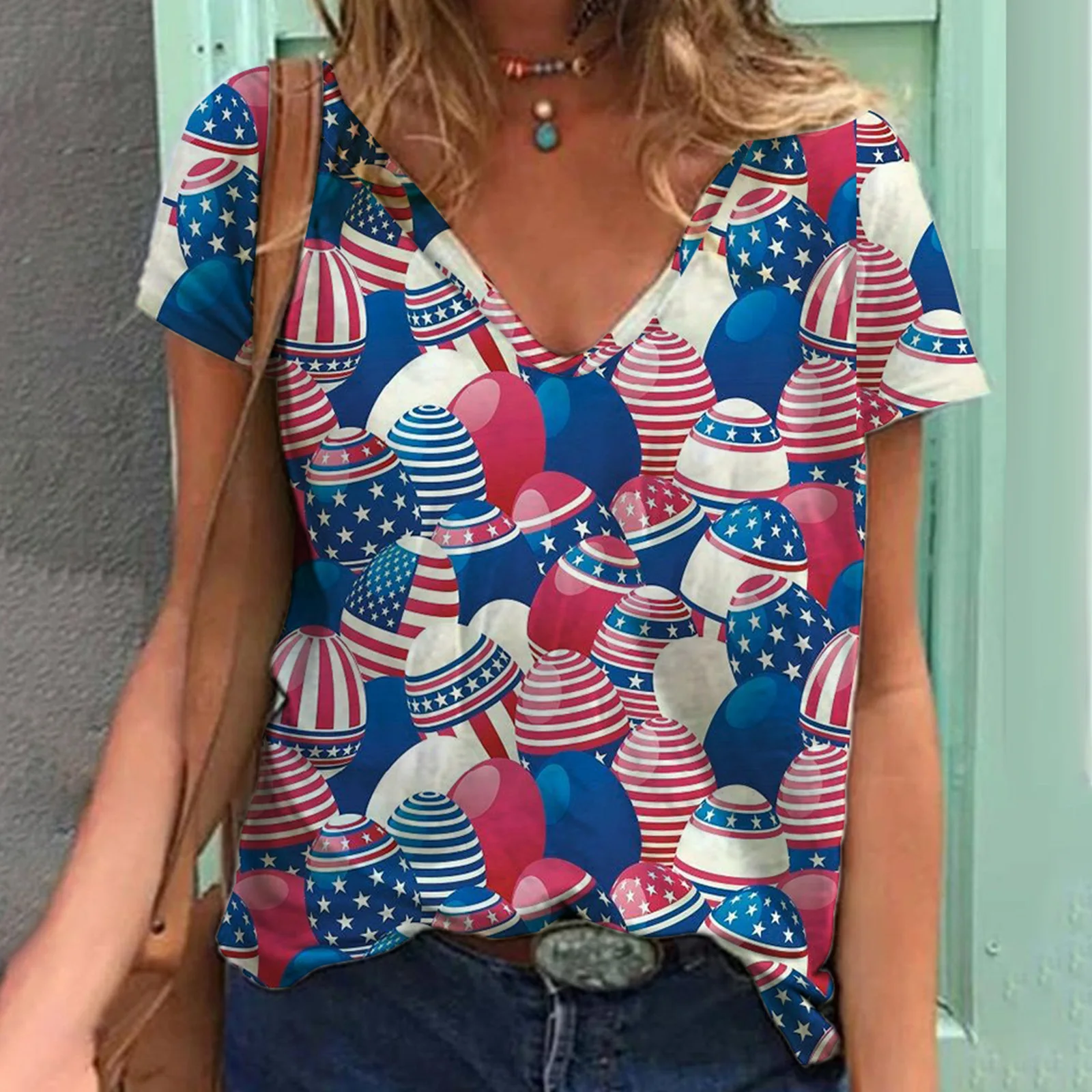 Independence Day theme 3D printed women's V-neck loose short sleeves fashion temperament street sports short sleeves