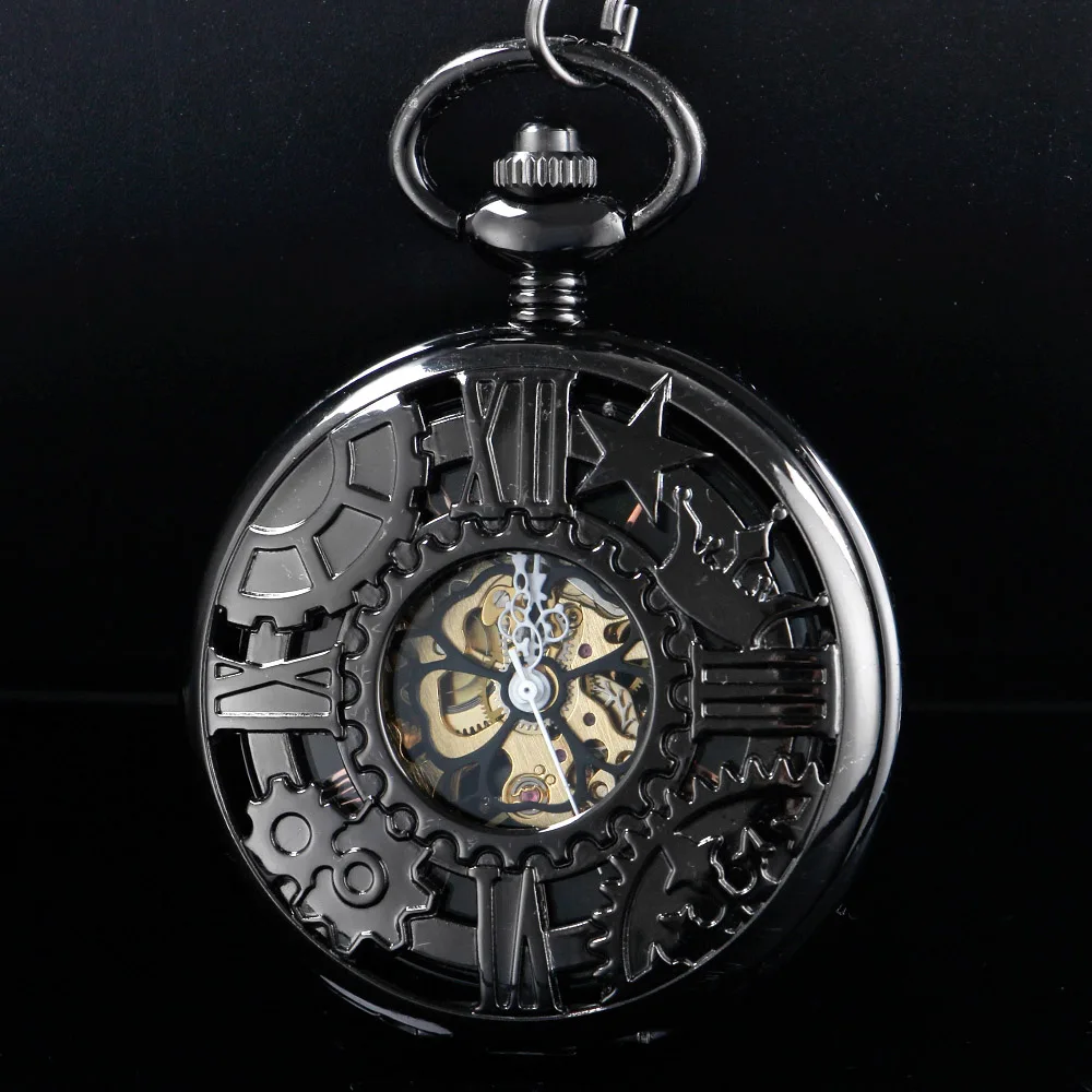 Black Hollow Exquisite Time Gear Steampunk Mechanical Pocket Watch Retro Gentleman Analog Signal Clock Lady Jewelry Gift