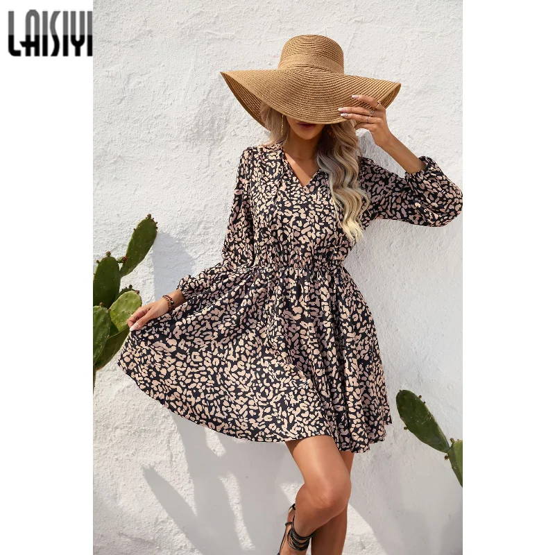 

Мини-платье женское с леопардовым принтом и длинным рукавом, Повседневный сарафан на завязках с круглым вырезом, праздничный стиль, высокая...