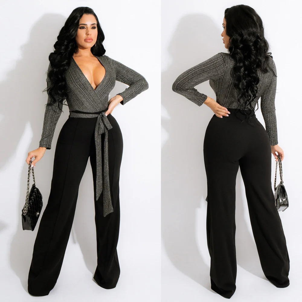 

Women Sexy Deep V Neck Lady Splicing Jumpsuits 2022 Spring Autumn Fashion New Long Sleeve High Waist Lace Up Conjoined Pants
