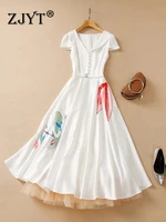 zjyt runway designer summer party ball gown dress women elegant short sleeve mesh patchwork print white midi vestidos fashion
