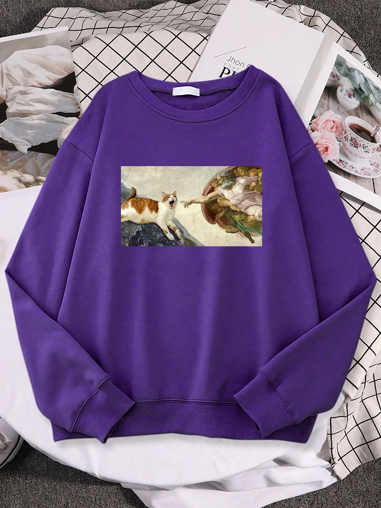 

Funny God And Cat Printing Hoody Womens Creativity Fleece Streetwear Pattern Oversized Sweatshirt Casual O-Neck Female Hoodies