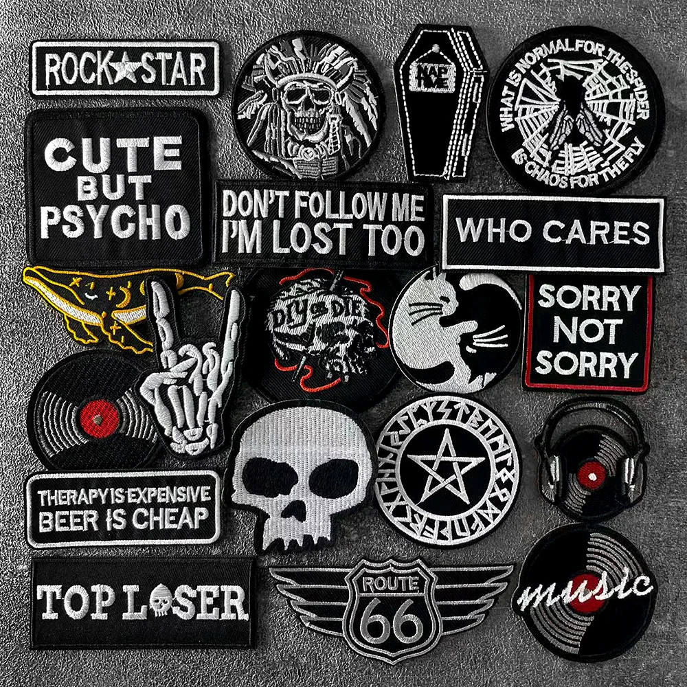Фото ROCK STAR CAT MUSIC FLY, черно-белые нашивки, вышитые значки в стиле хиппи, детские нашивки для одежды, наклейки с нашивками №1