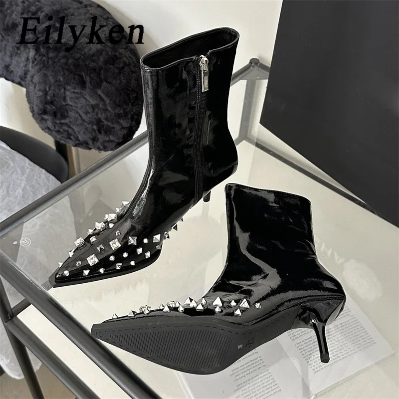 

Eilyken Design Style Rivet Pointed Toe Thin Low Heels Boots Women Pumps Fashion Zipper Soft Leather Party Ladies Shoes