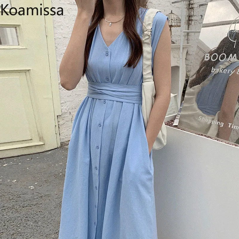 

Koamissa Korean Chic Summer Vest Dress Casual V-neck Double-pocket Lace Waist Single-breasted Sleeveless Women Maxi Dresses New