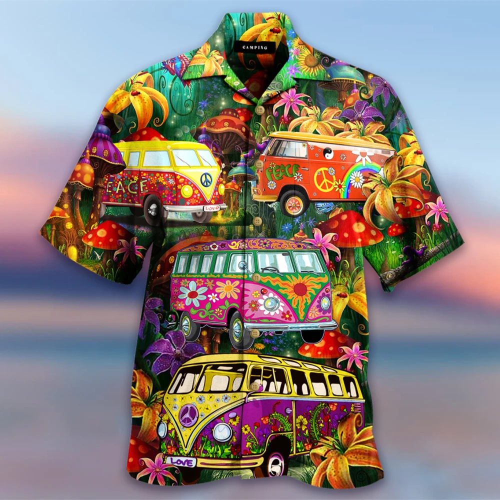 Summer New Truck Print Men's Shirts Cartoon Funny Hawaiian Shirts for Men Beach Vacation Style Top Tee Streetwear Men's Clothing