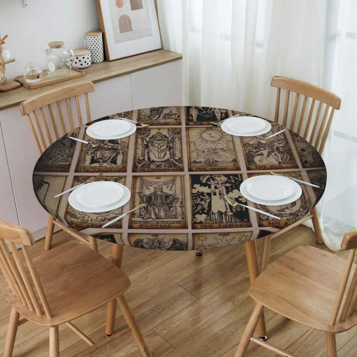 

Round Witch Tarot Table Cloth Oilproof Tablecloth 45"-50" Table Cover Backed with Elastic Edge