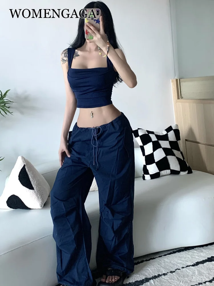 

Set WOMENGAGA Pants Loose Casual Safari Style Wide Leg Pants + Hot Sexy Short Slim Tank Tops Vest Strapless Korean Set Sweet X4Y