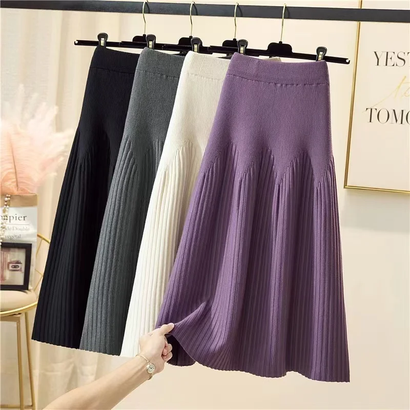 

Elegant Knitted Midi Skirts Thickened Knitted Women's Mid-length Wool Skirt All-match A-line Long Skirt Autumn Winter Jupe Femme