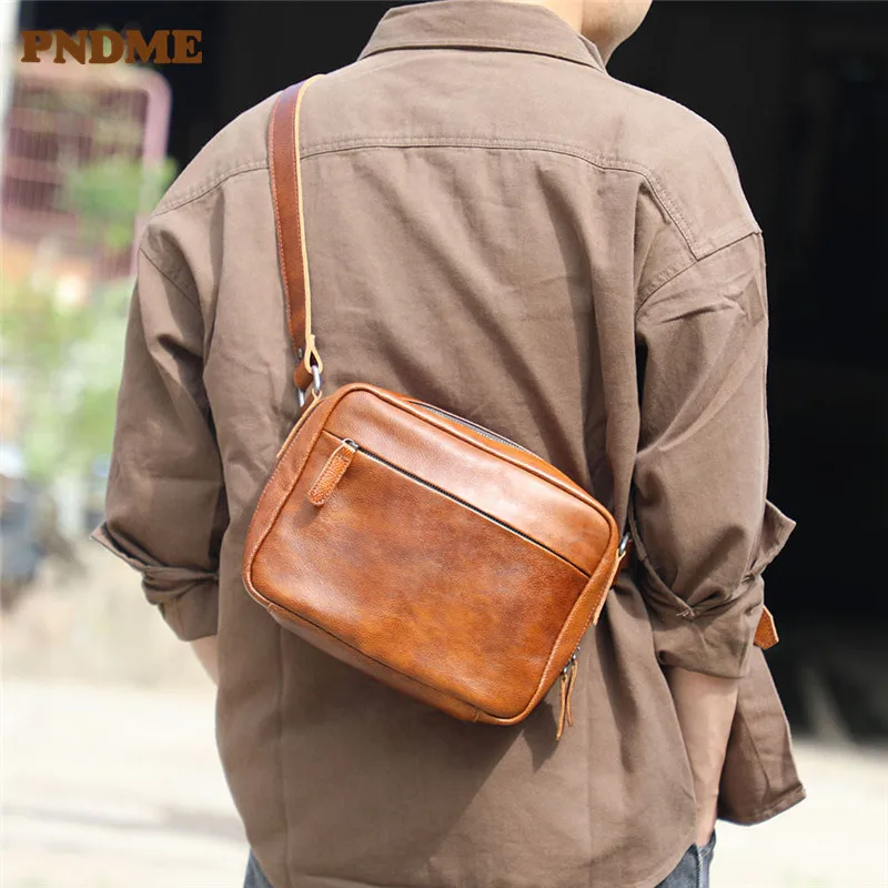 PNDME casual simple luxury genuine leather men crossbody bag vintage natural soft real cowhide outdoor daily brown shoulder bag
