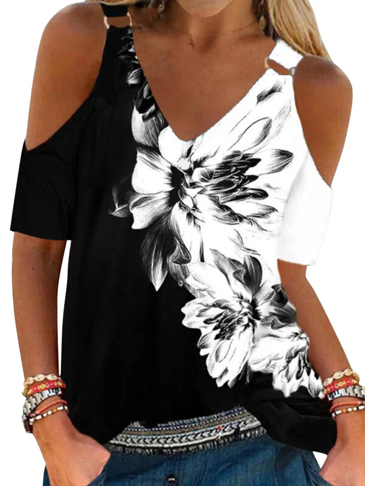 

Floral Print Short-Sleeved T-Shirt for Women V-Neck Cold Shoulder Lady Blouse Loose Female Casual Metal Patchwork Strap Tops